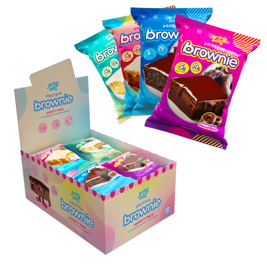 Protein brownie variety packs distributed through national retailers.