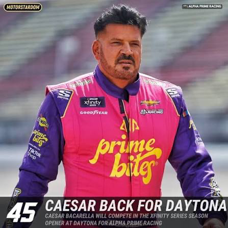 Founder Caesar Bacarella races the Prime Bites livery in the NASCAR Xfinity Series.