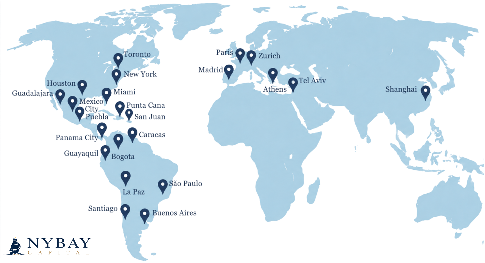 Global presence — New York Bay Capital offices across the Americas, Europe, Middle East and Asia