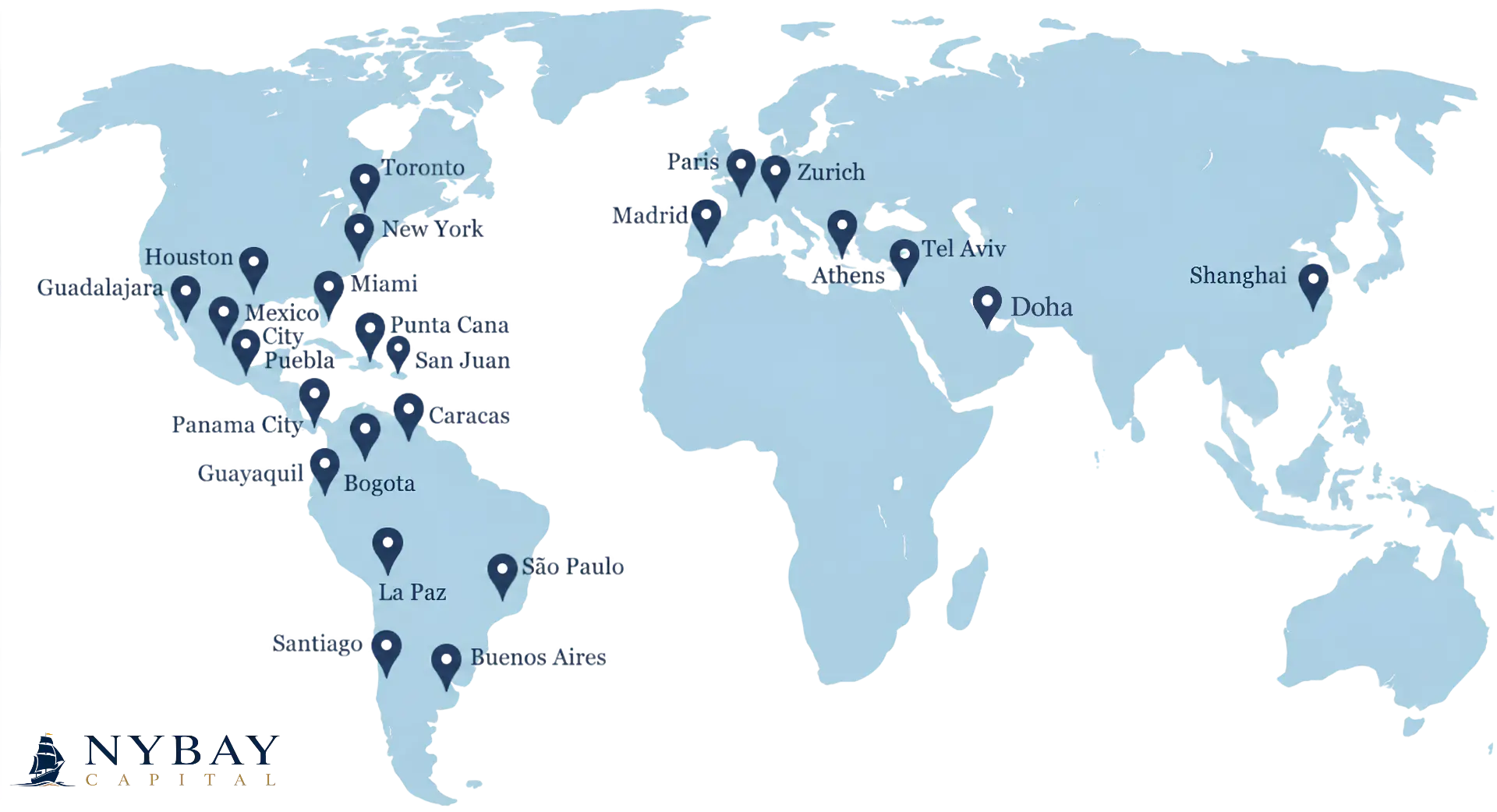 Global presence — New York Bay Capital offices across the Americas, Europe, Middle East and Asia